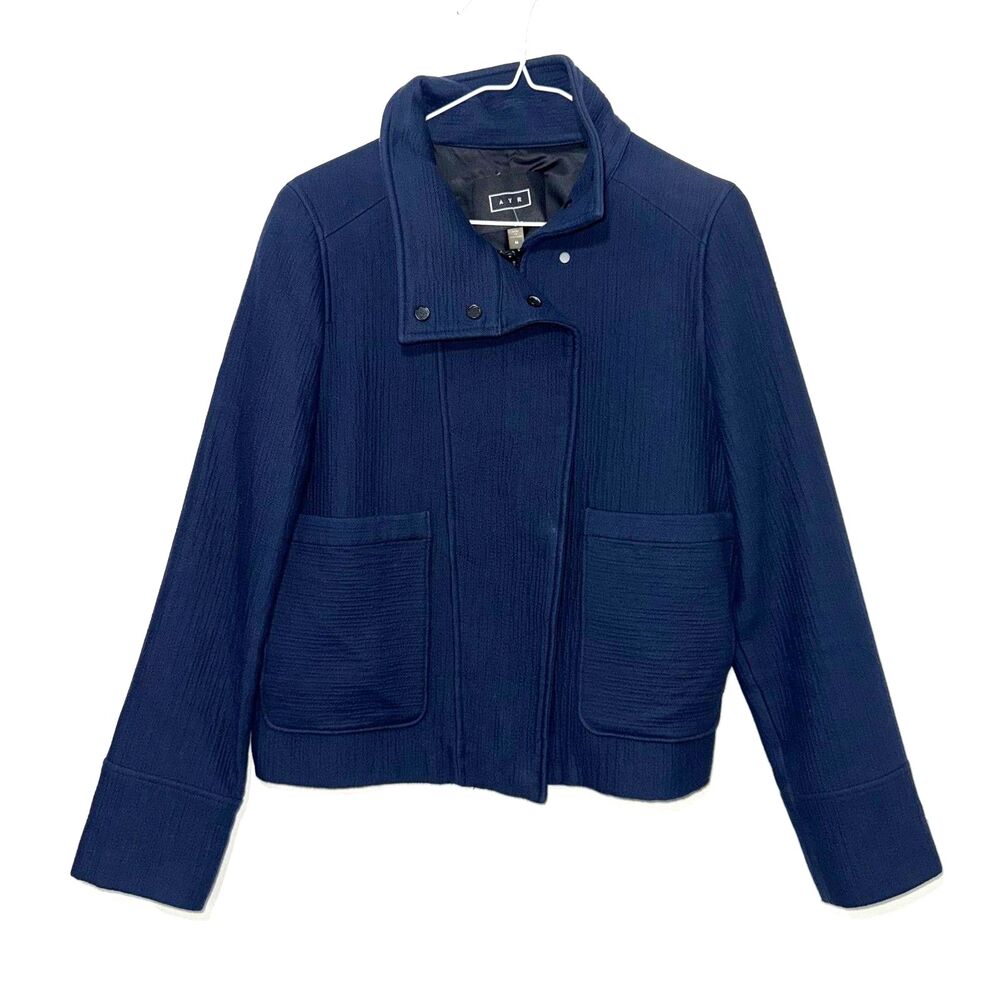 AYR Textured Mock Neck Zip Up Coat - Navy M
